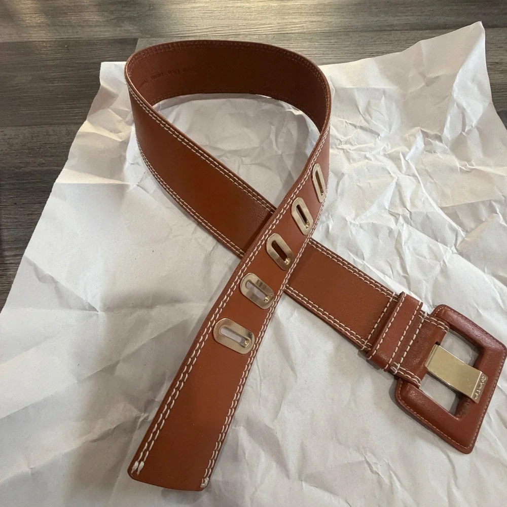 Calvin Klein Brown Leather Wide Waist Belt Gold‎ Buckle Medium Y2K Boho Western